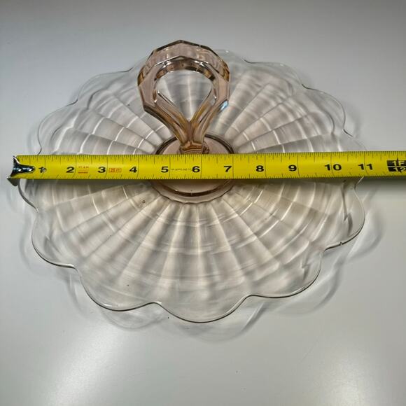Vintage Pink Depression Glass Handled Tray 11" Scalloped Ribbed Platter - Picture 11 of 13
